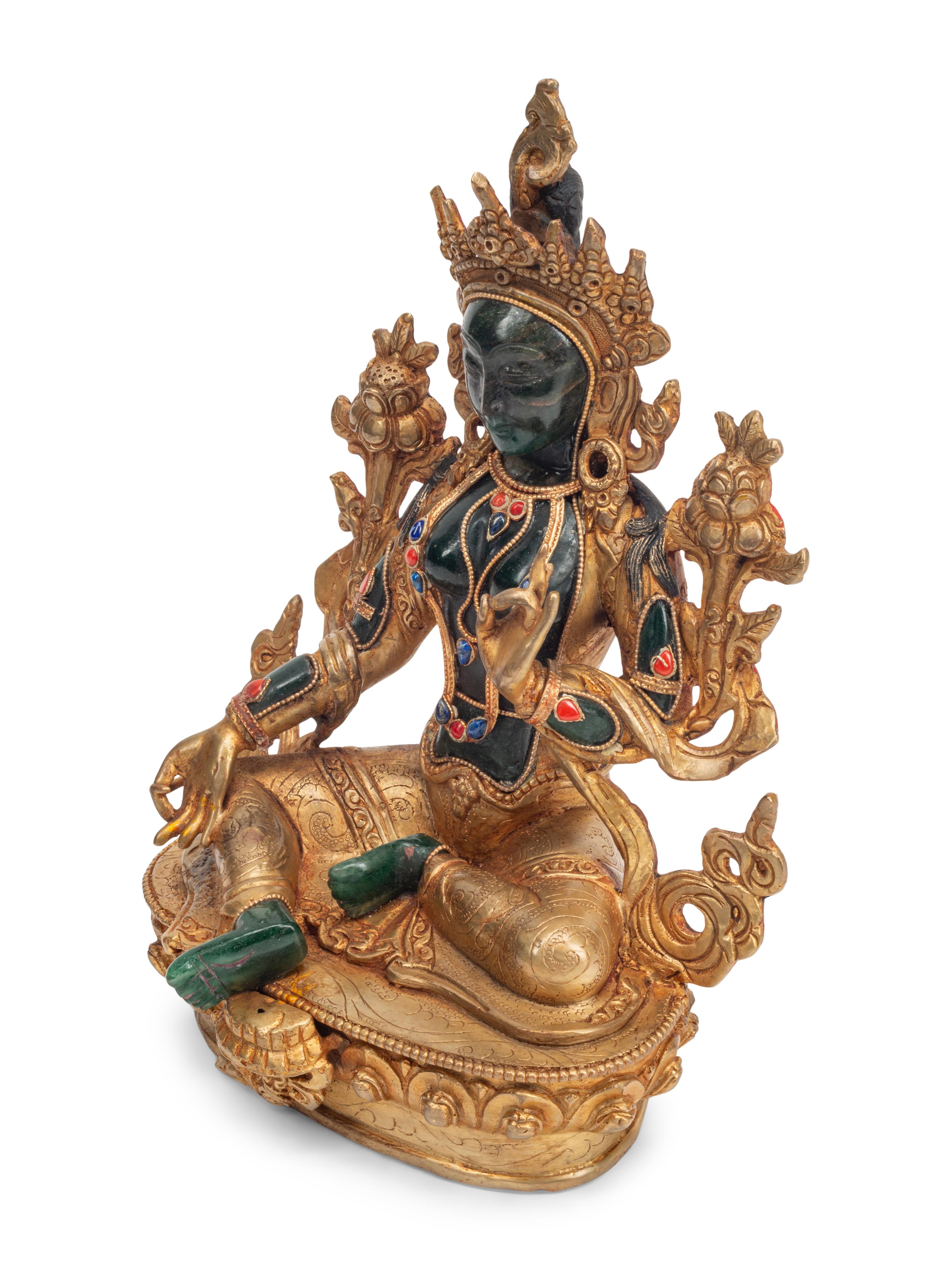 A Southeast Asian Semiprecious Stone-Inset Gilt Bronze Seated Deity