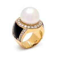 CULTURED SOUTH SEA PEARL, DIAMOND AND ONYX RING