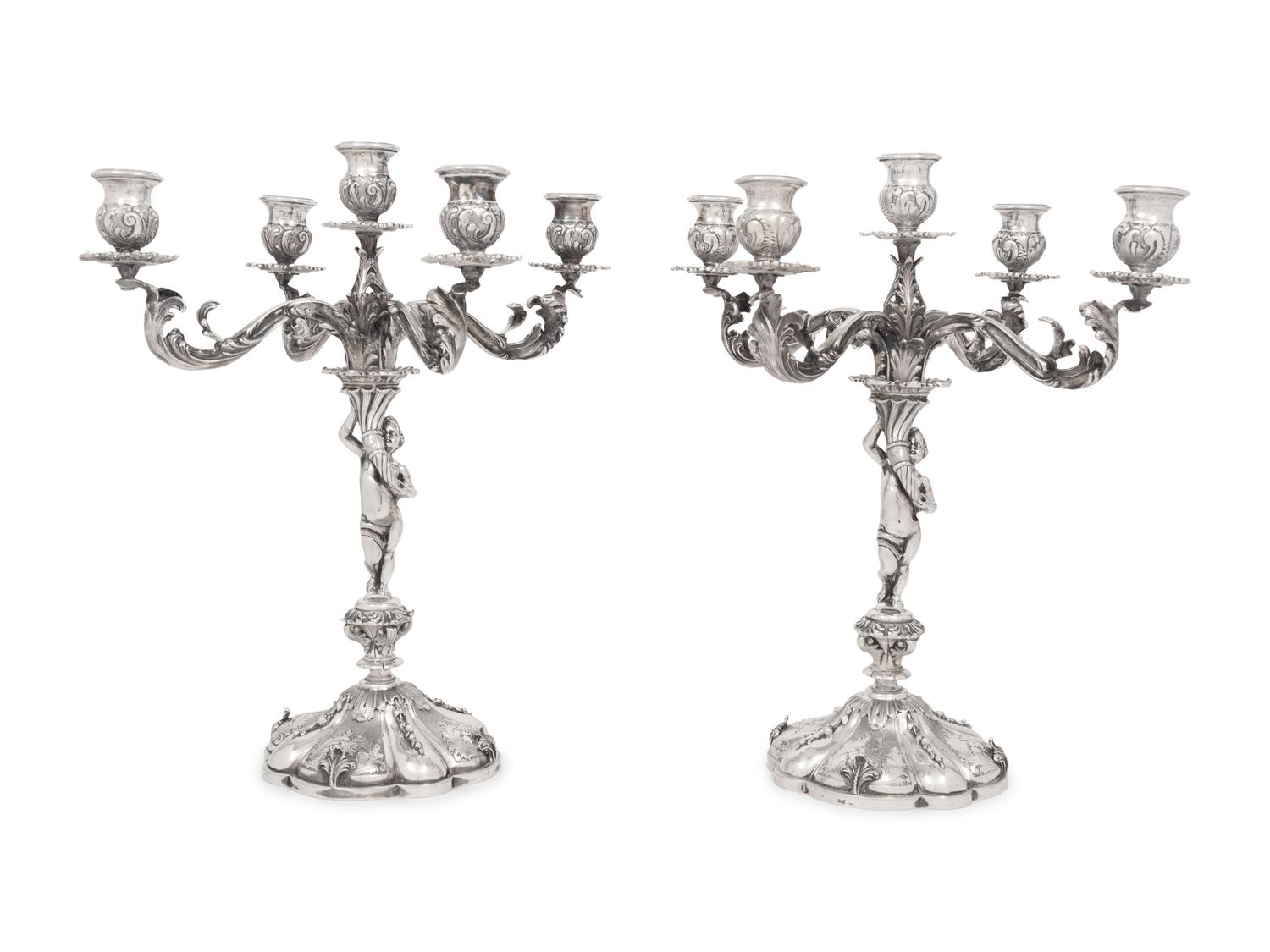 A Pair of Italian Silver Five-Light Candelabra