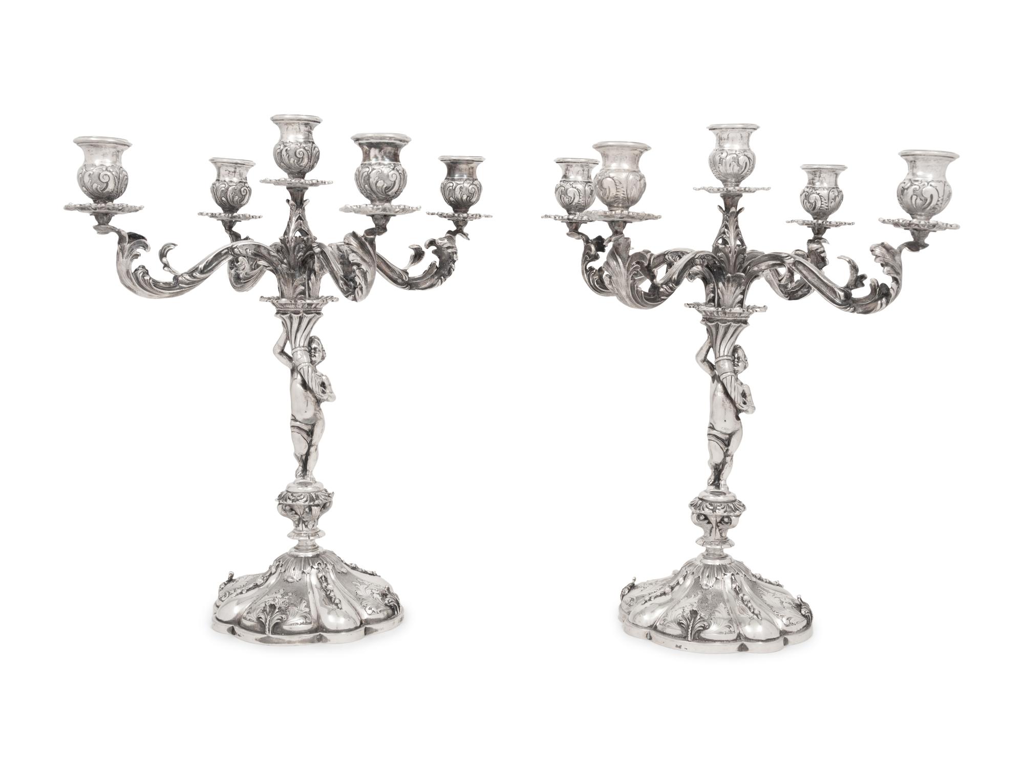A Pair of Italian Silver Five-Light Candelabra