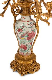 A Pair of Chinese Export Porcelain and Gilt Bronze Candelabra