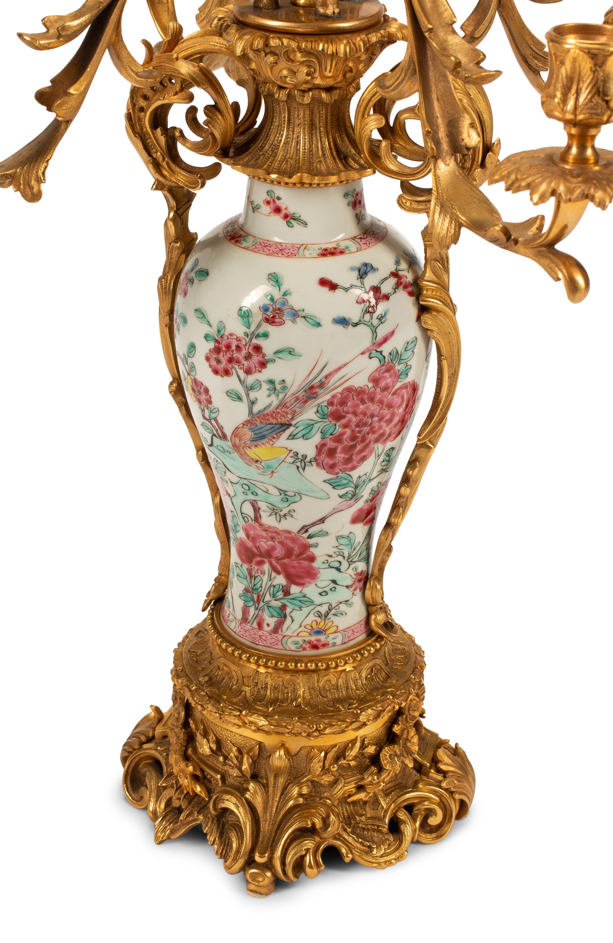 A Pair of Chinese Export Porcelain and Gilt Bronze Candelabra