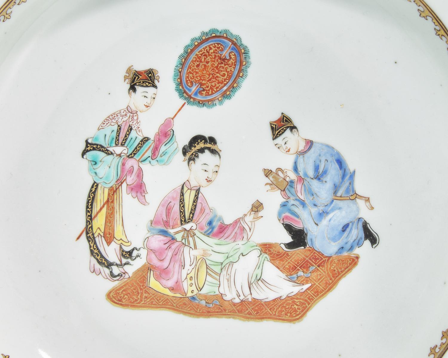 A Chinese Export Porcelain Famille Rose Octagonal Plate Bearing The Crest Of Gordon Of Invergordon
