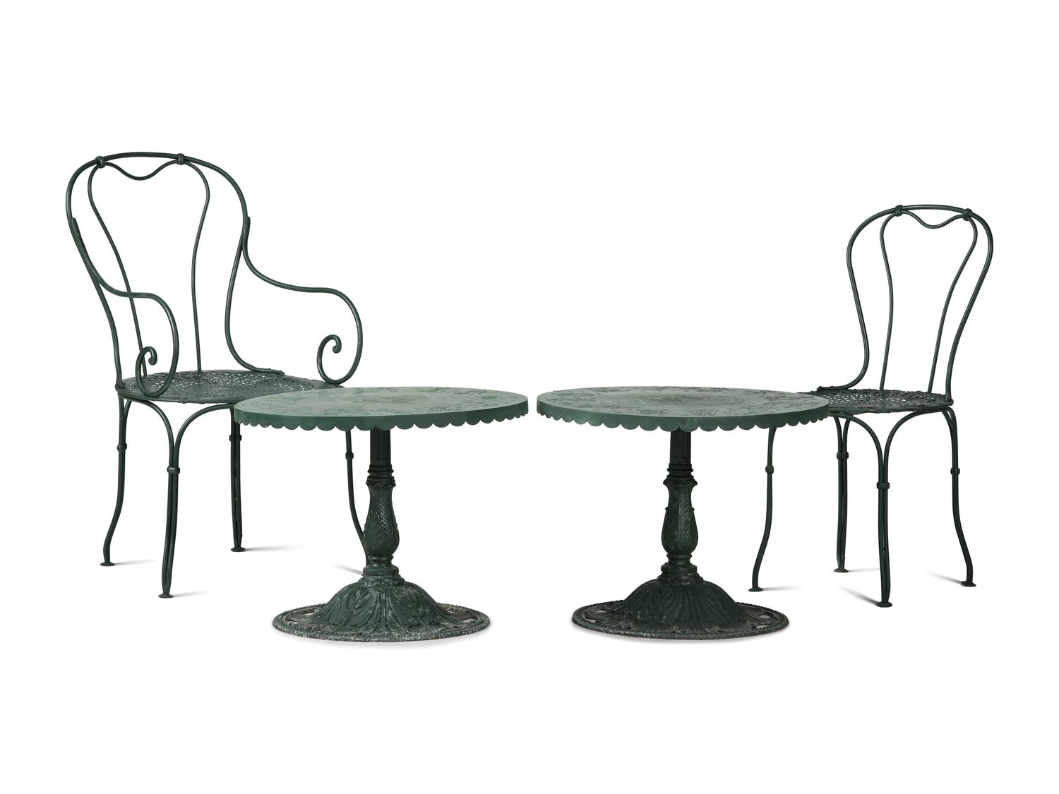 A Pair of Painted Metal Zodiac Patio Tables and Chairs