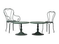 A Pair of Painted Metal Zodiac Patio Tables and Chairs