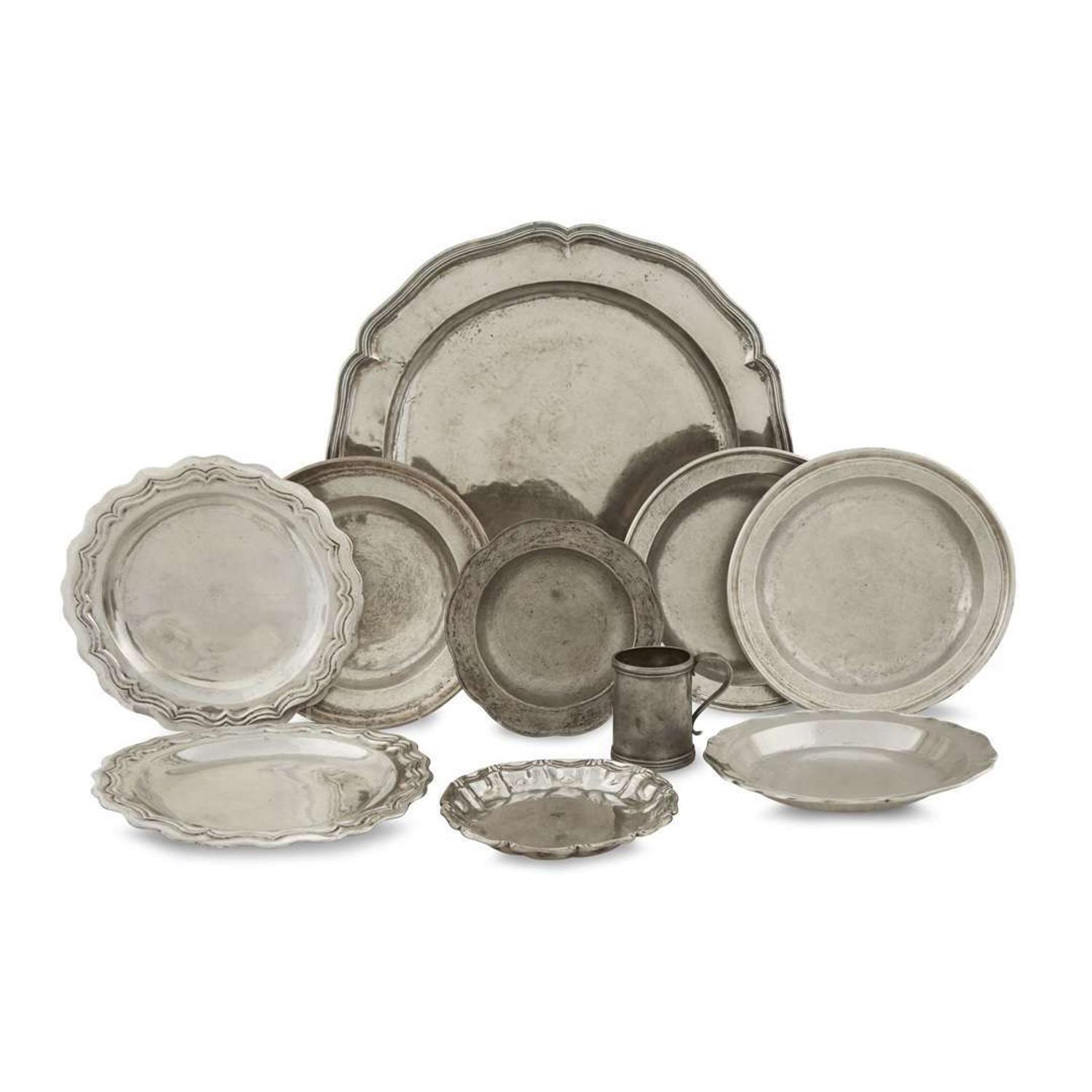 Group of ten Spanish Colonial silver and pewter chargers, dishes and mug Central or South American, late 18th century