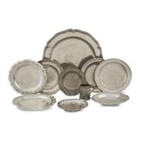 Group of ten Spanish Colonial silver and pewter chargers, dishes and mug Central or South American, late 18th century