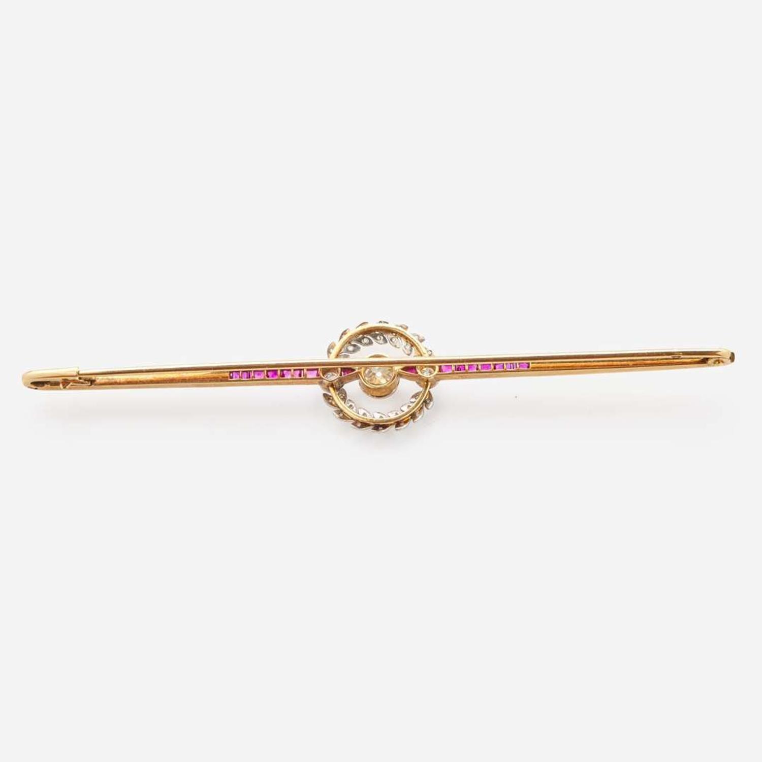 A 14K Yellow Gold, Platinum, Ruby, and Diamond Brooch