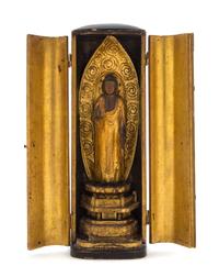 A Gilt and Black Lacquer Traveling Shrine Height 11 1/4 inches.