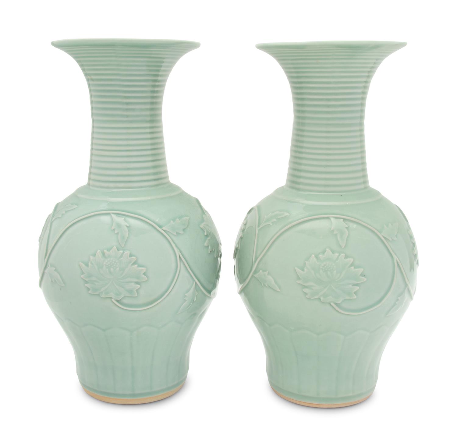 A Pair of Chinese Longquan- Style Celadon Glazed Porcelain Vases