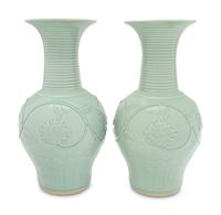 A Pair of Chinese Longquan- Style Celadon Glazed Porcelain Vases