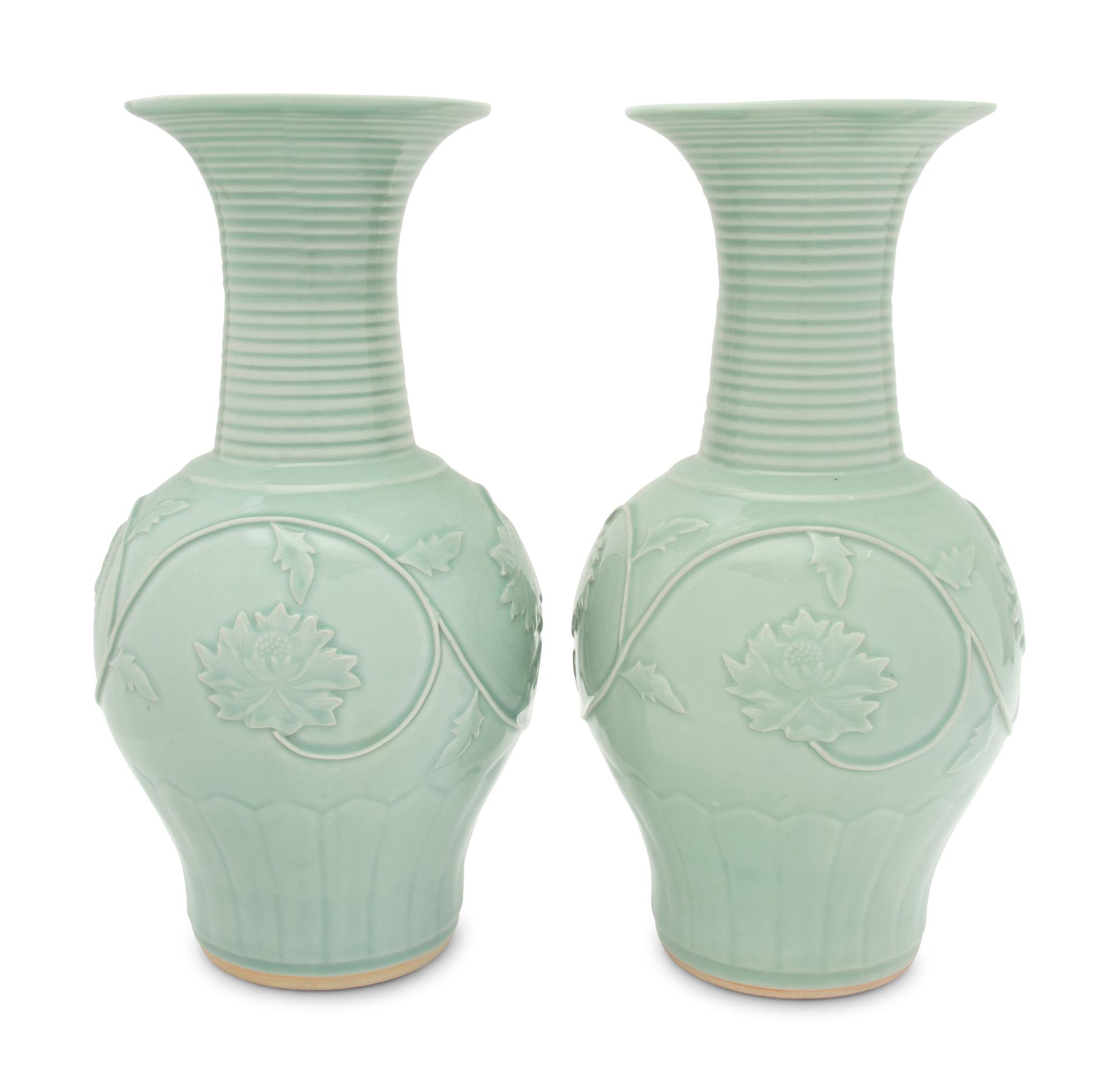A Pair of Chinese Longquan- Style Celadon Glazed Porcelain Vases