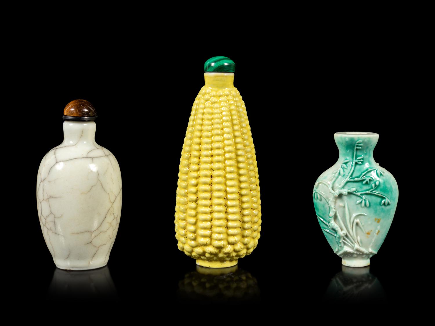 Three Chinese Monochrome Glazed Porcelain Snuff Bottles