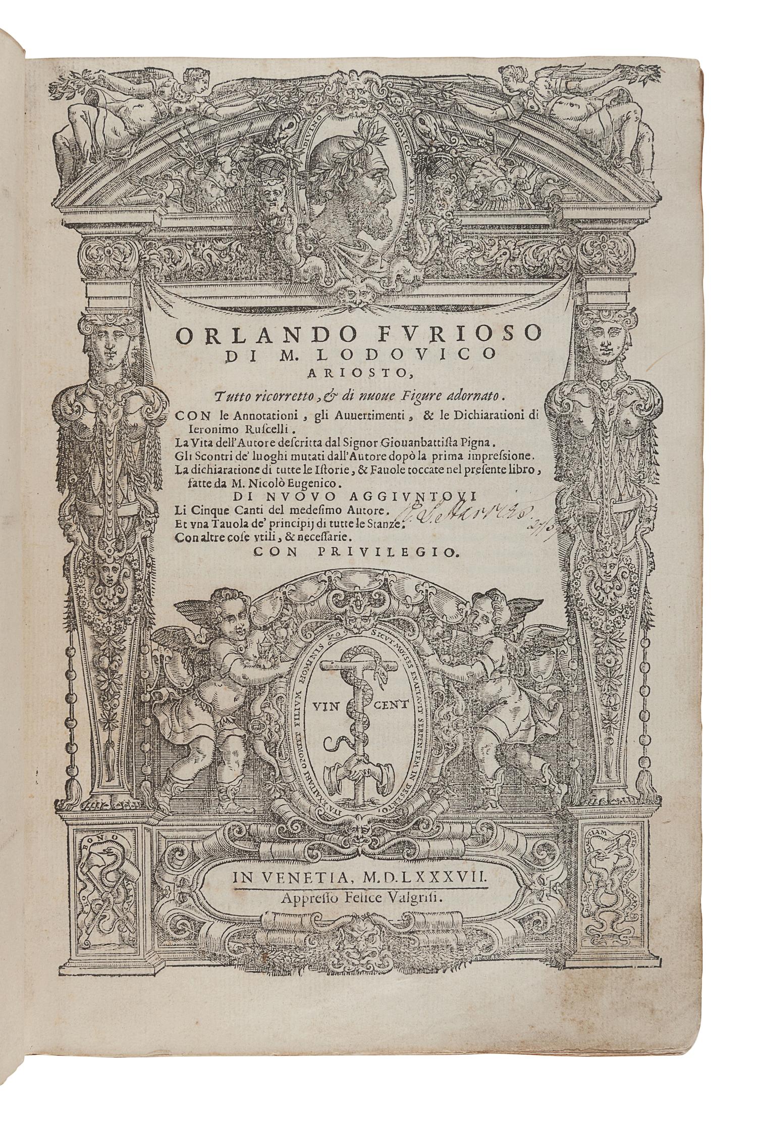ARIOSTO, Ludovico (1474-1533). Orlando furioso. Venice: Felice Valgrisi, 1587.