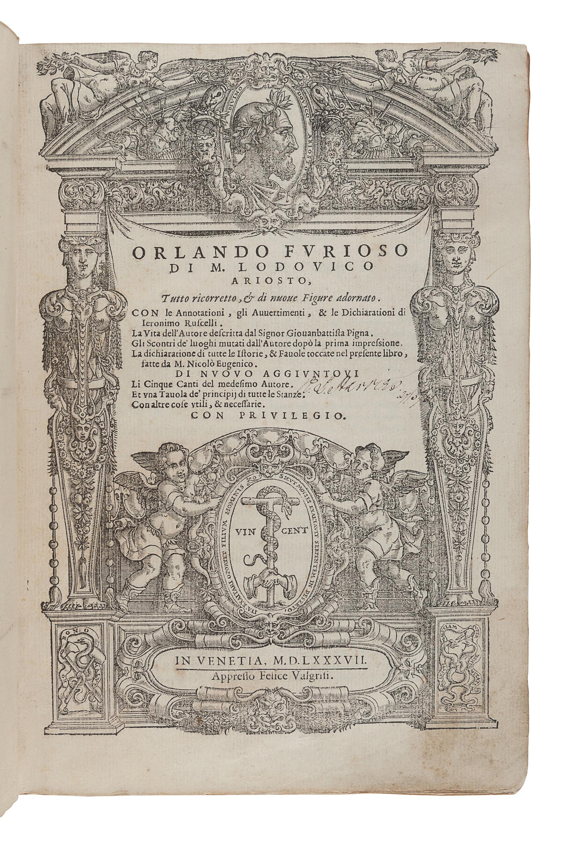 ARIOSTO, Ludovico (1474-1533). Orlando furioso. Venice: Felice Valgrisi, 1587.