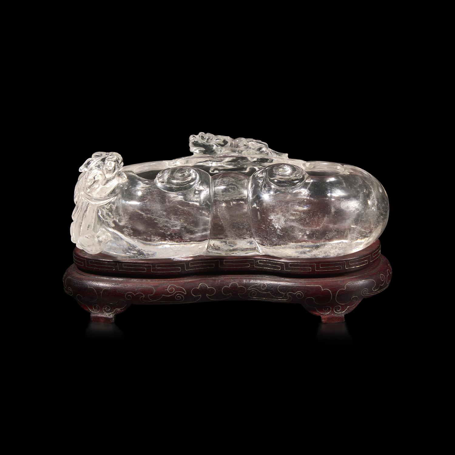 A Chinese Rock Crystal ' Qilong and Ruyi Head ' Brush Washer, 19th-20th Century 清晚期 水晶雕螭龍如意雲紋洗