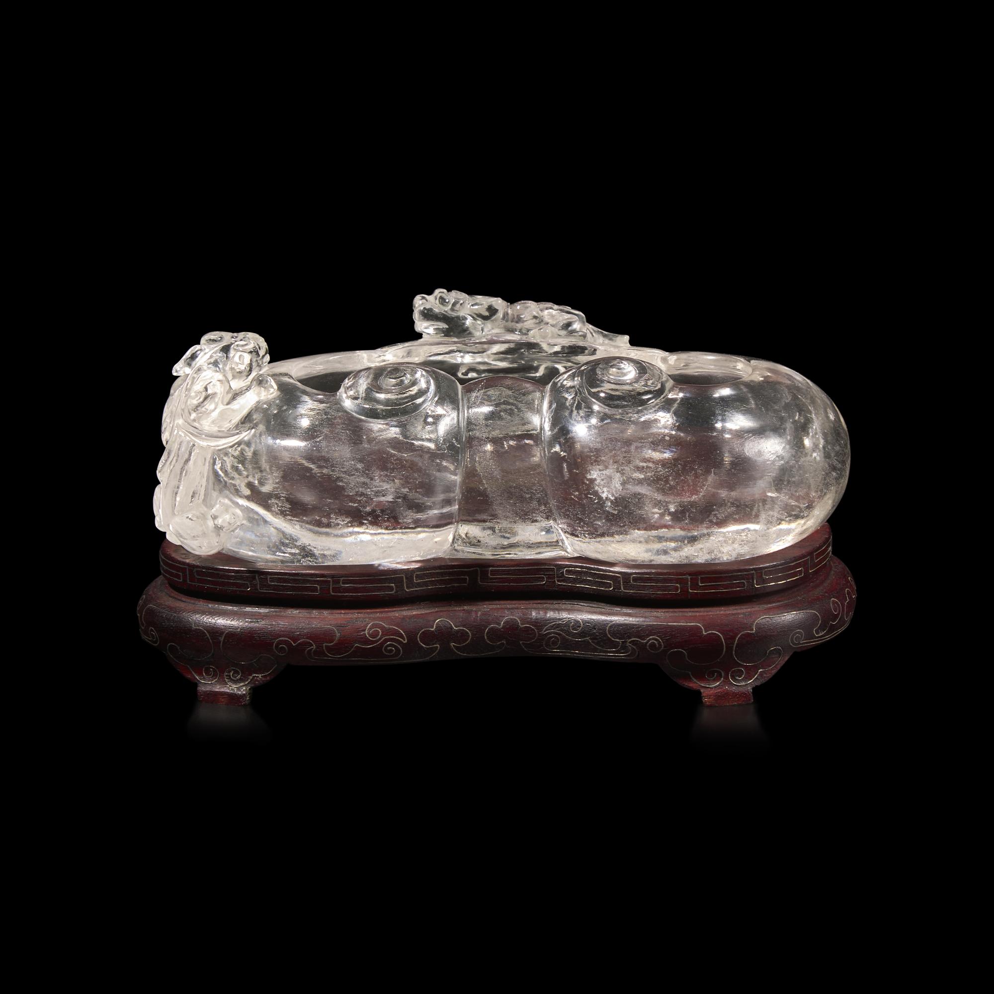 A Chinese Rock Crystal ' Qilong and Ruyi Head ' Brush Washer, 19th-20th Century 清晚期 水晶雕螭龍如意雲紋洗
