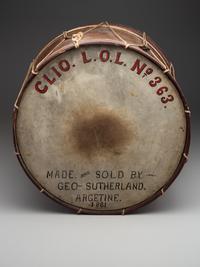 [CIVIL WAR]. Painted bass drum. Manufactured by George G. Sutherland, Argentine, [MI], 1861.