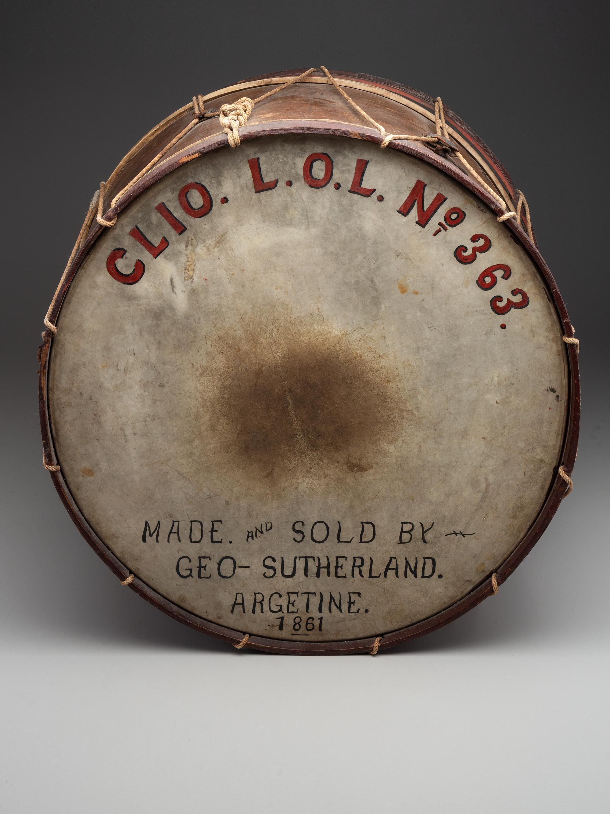 [CIVIL WAR]. Painted bass drum. Manufactured by George G. Sutherland, Argentine, [MI], 1861.