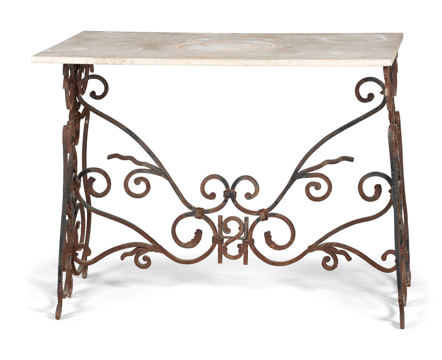 A Wrought Iron Marble Top Console Table