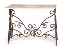 A Wrought Iron Marble Top Console Table