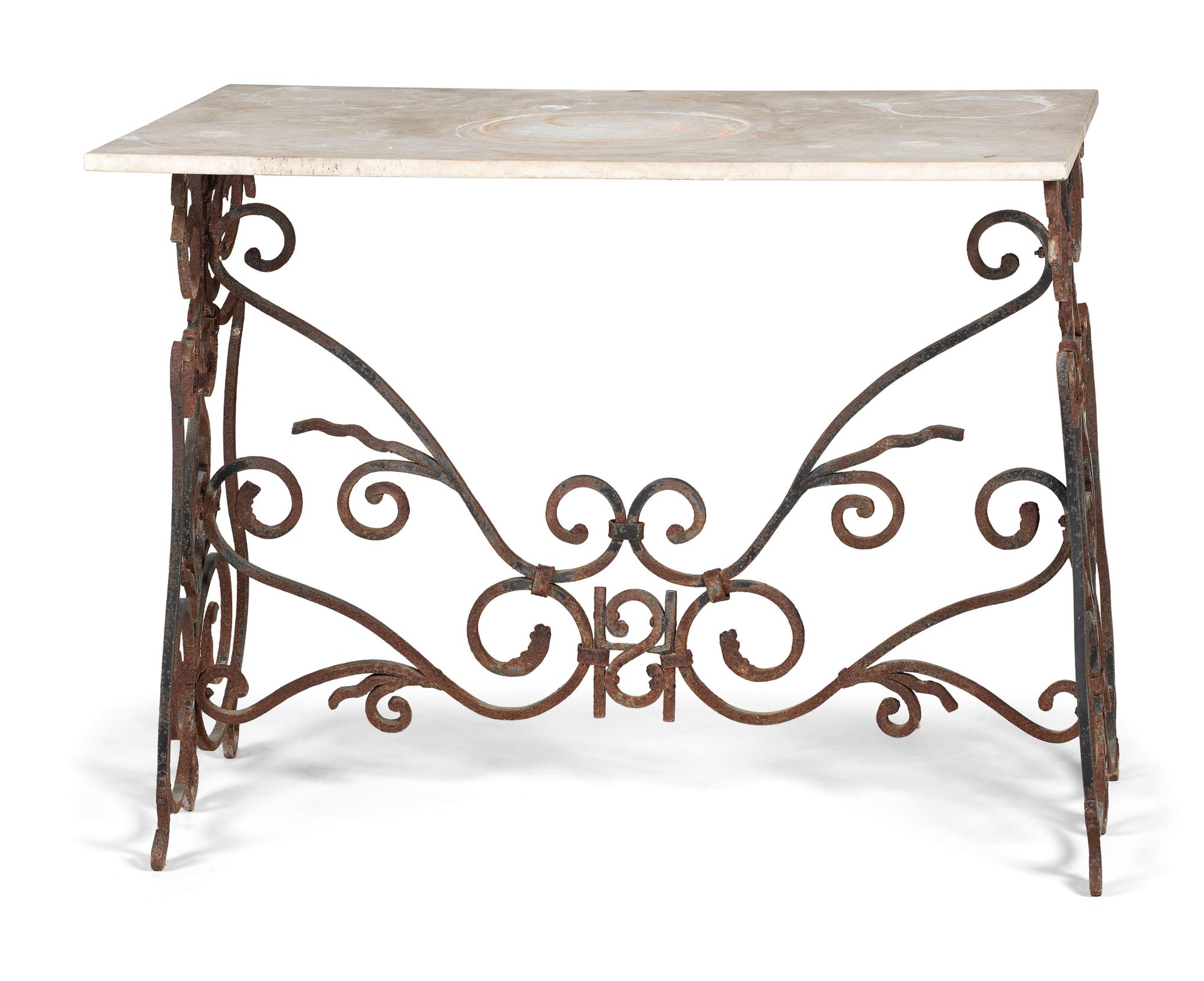 A Wrought Iron Marble Top Console Table