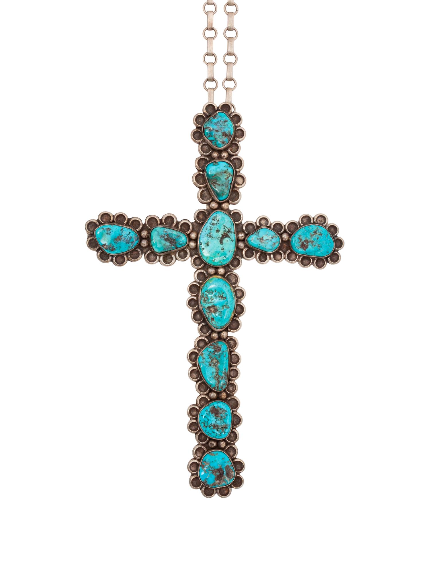 Large Silver and Turquoise Cross Pendant, with Silver Chain