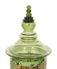 A Near Pair of Bohemian/German Enameled Green Glass Vases and Covers, Humpen