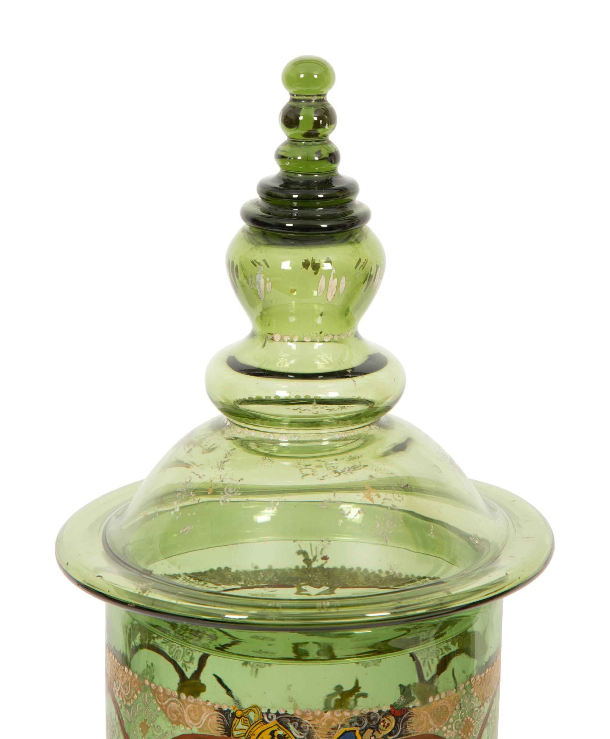A Near Pair of Bohemian/German Enameled Green Glass Vases and Covers, Humpen