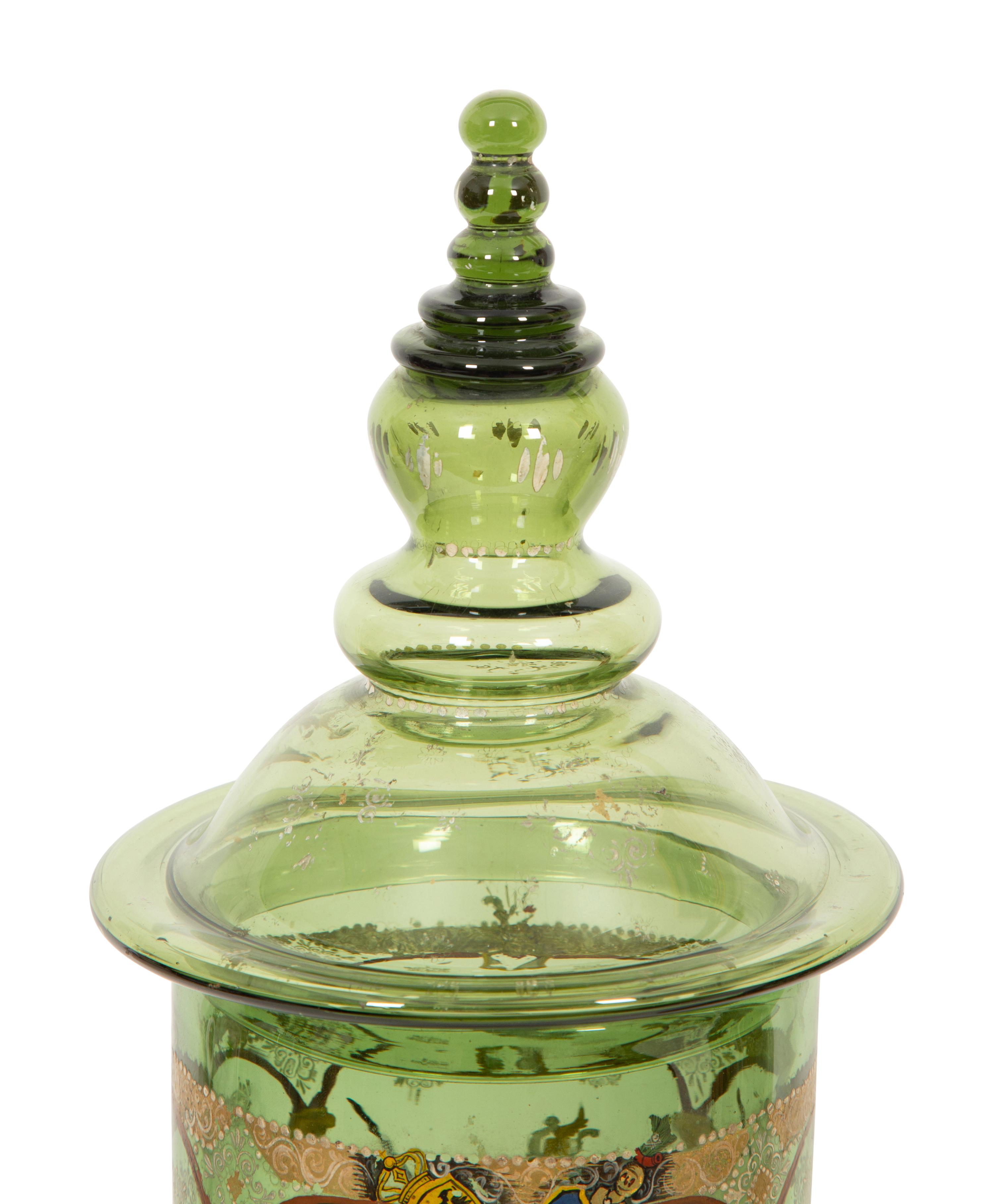 A Near Pair of Bohemian/German Enameled Green Glass Vases and Covers, Humpen