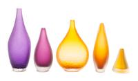 Five Colored Glass Vases Height of tallest 9 inches.