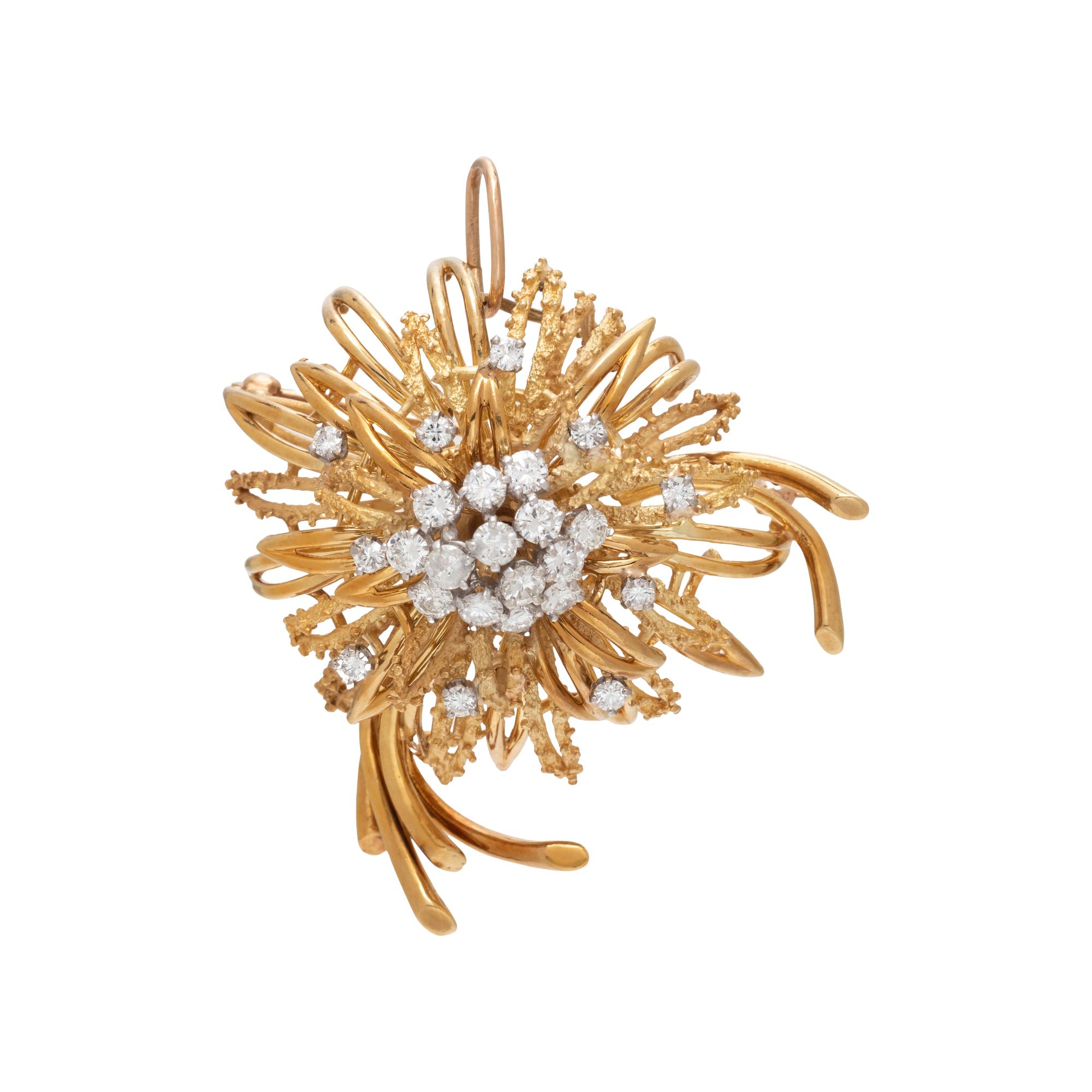YELLOW GOLD AND DIAMOND FLOWER BROOCH