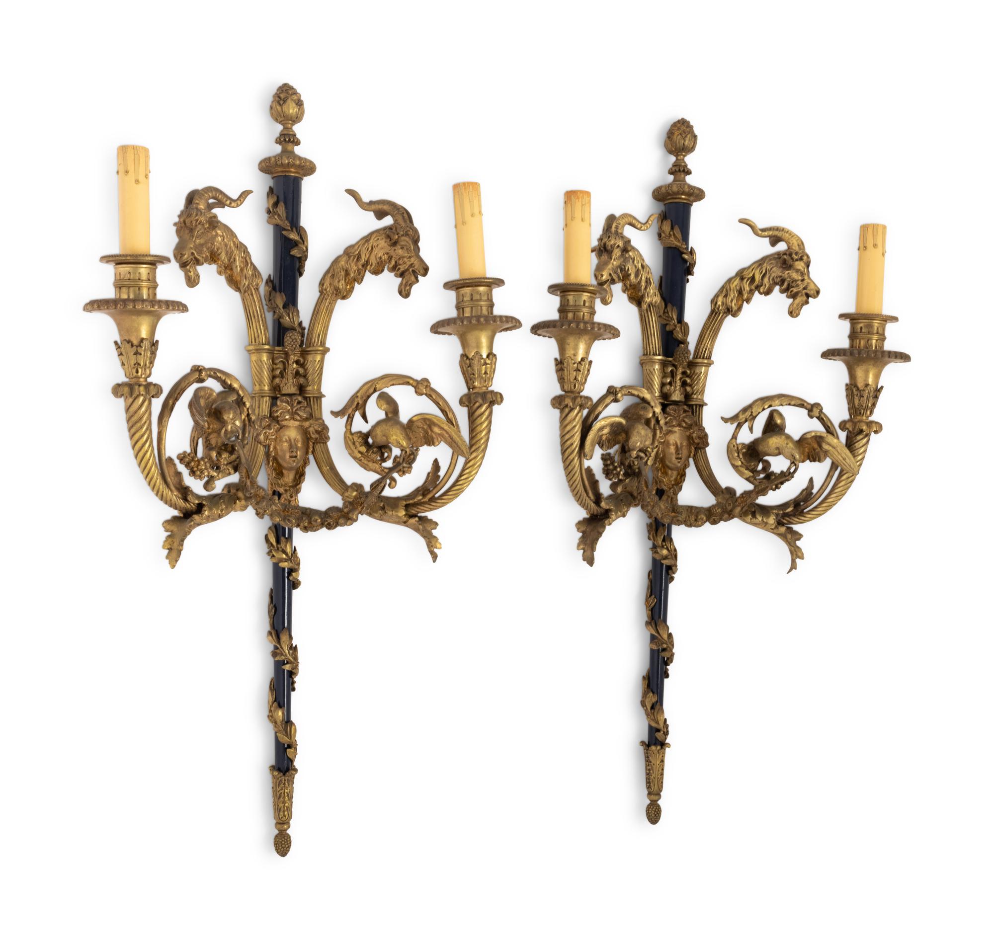 A Pair of French Gilt Bronze Two-Light Sconces