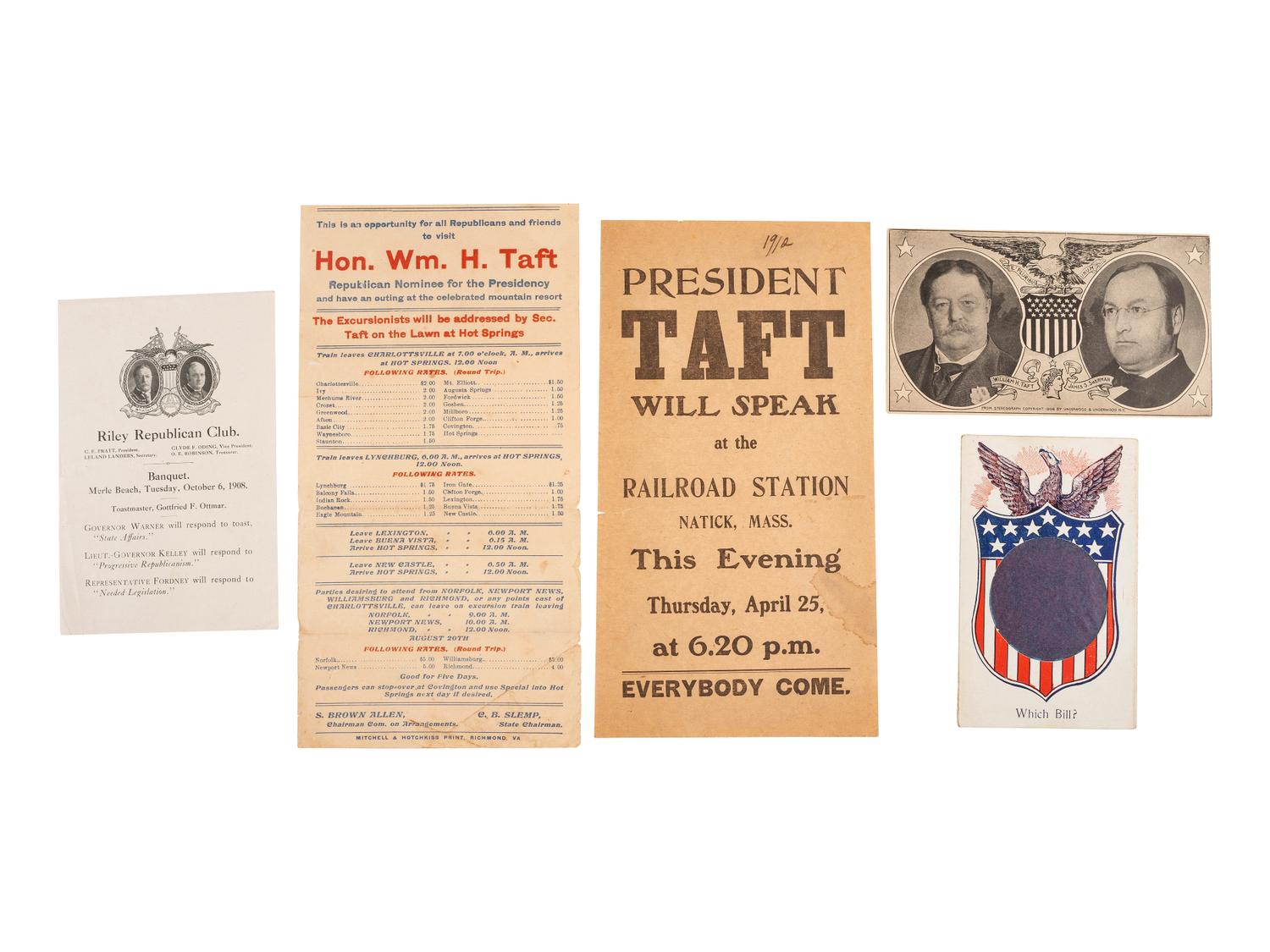 [TAFT, William Howard (1857-1930)]. A large group of campaign, inaugural, and presidential ephemera from the presidency of William H. Taft.