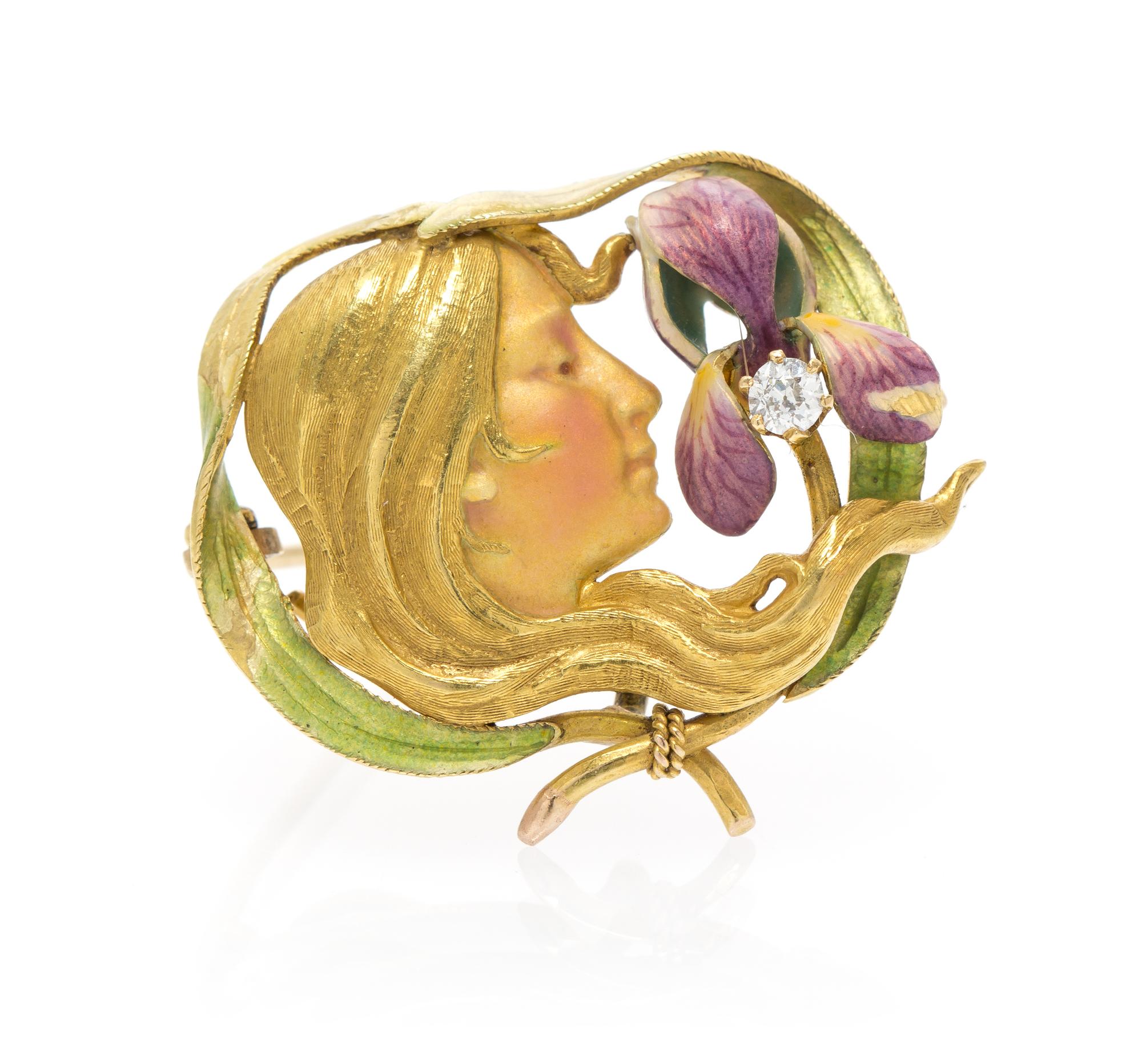 An Art Nouveau 14 Karat Gold, Polychrome Enamel and Diamond Brooch, 4.60 dwts.