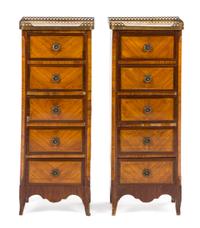 A Pair of Transitional Style Gilt Bronze Mounted Tall Chests of Drawers Height 36 x width 14 x depth 9 inches. — LATE 19TH CENTURY