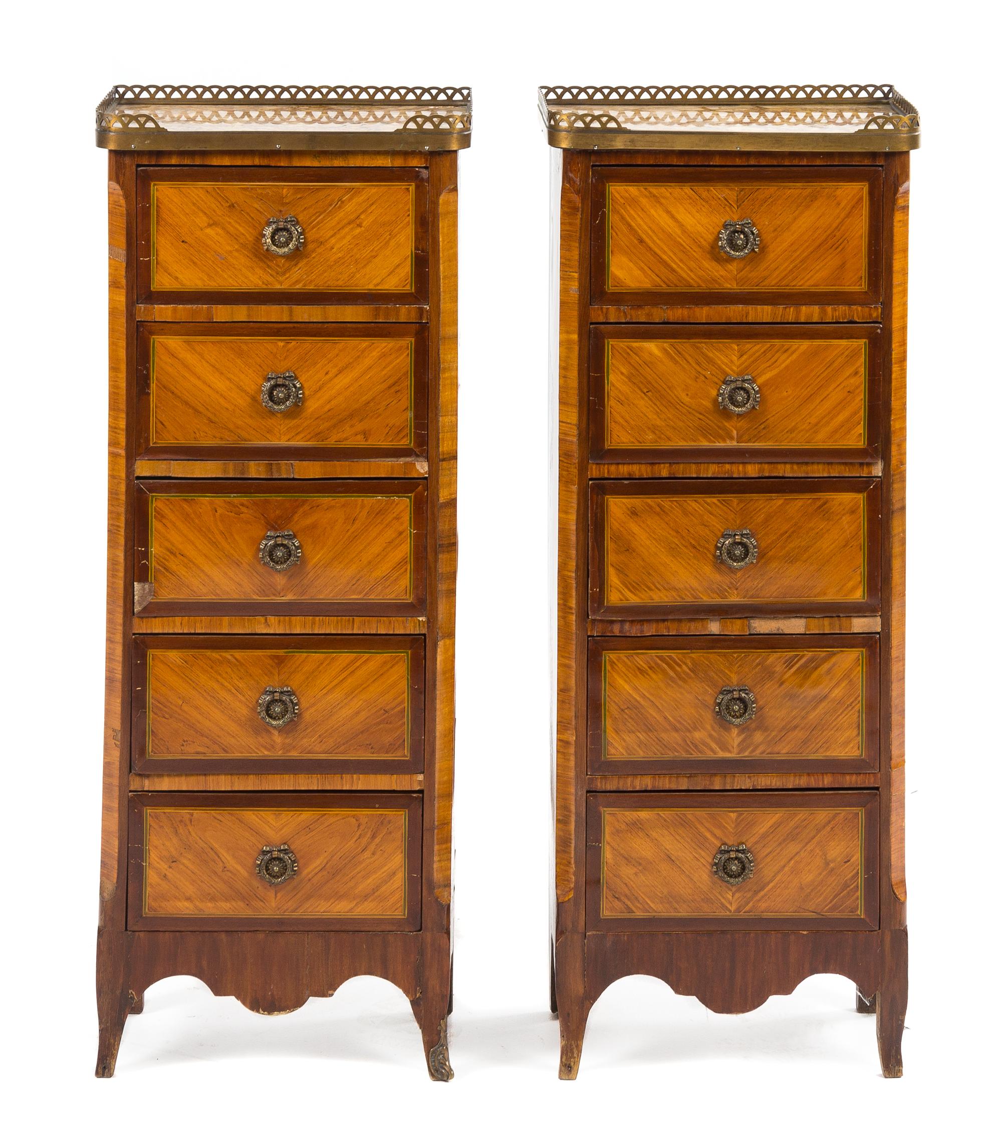 A Pair of Transitional Style Gilt Bronze Mounted Tall Chests of Drawers Height 36 x width 14 x depth 9 inches. — LATE 19TH CENTURY