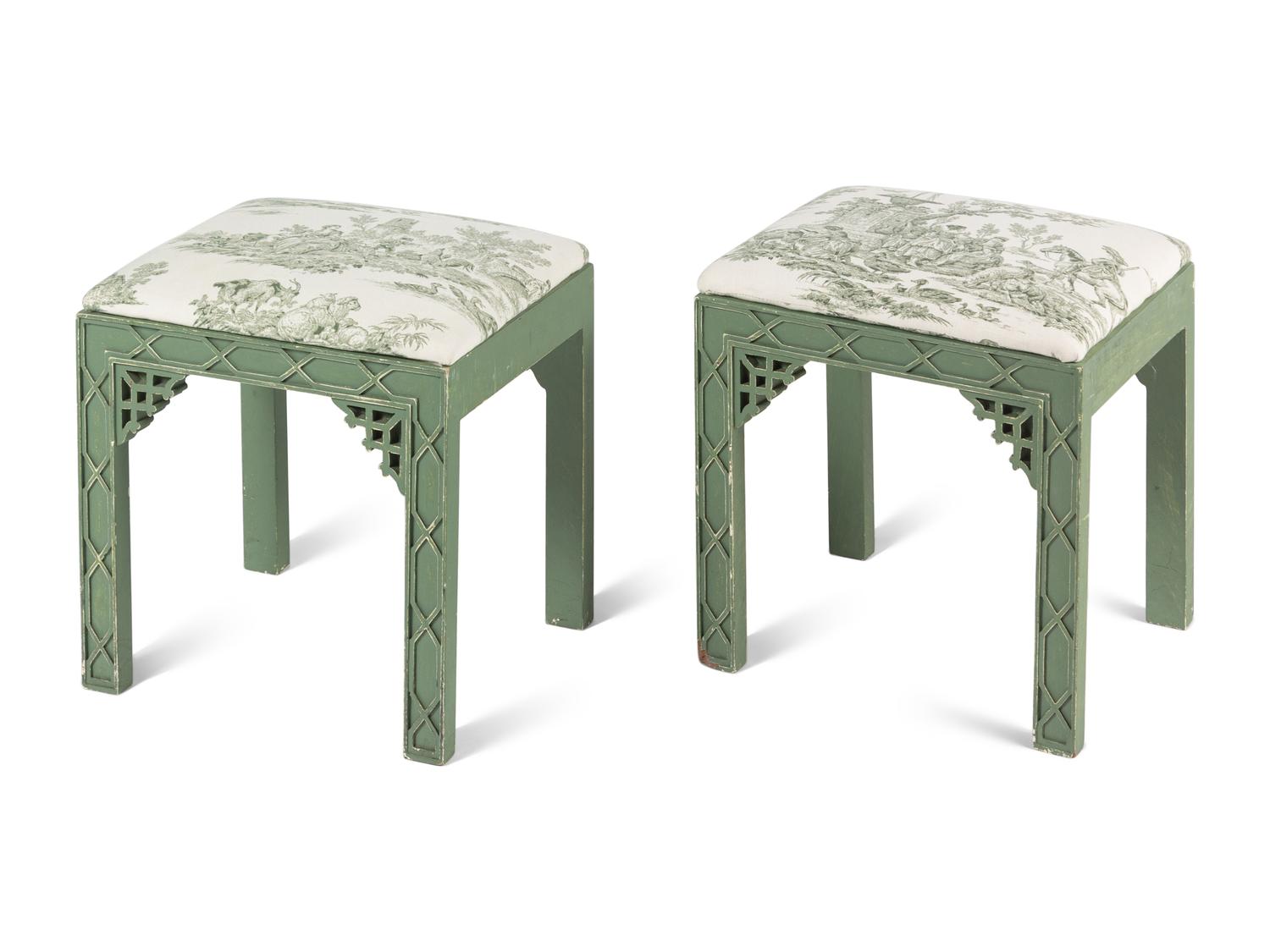 A Pair of Chinese Chippendale Style Green-Painted Stools