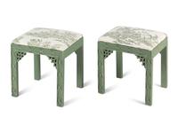 A Pair of Chinese Chippendale Style Green-Painted Stools