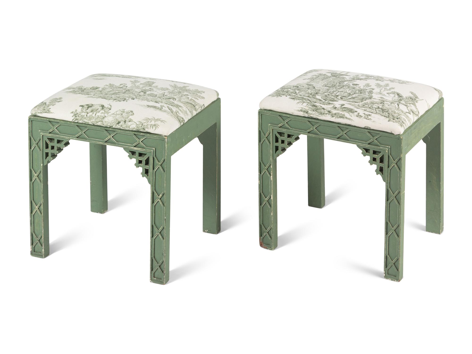 A Pair of Chinese Chippendale Style Green-Painted Stools