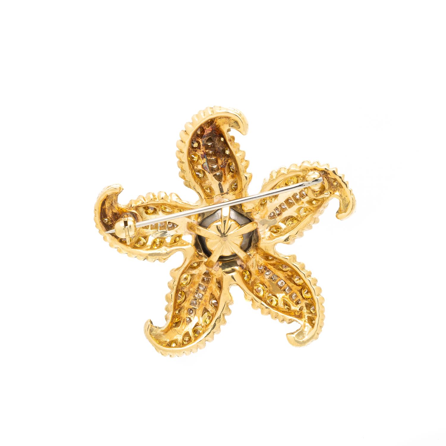 GRAY CULTURED PEARL, DIAMOND, AND COLORED DIAMOND STARFISH BROOCH