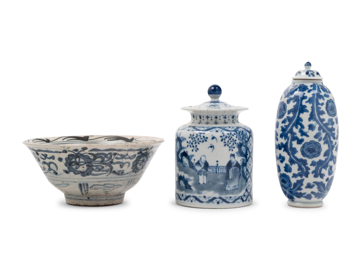 Three Chinese Export Blue and White Porcelain Wares