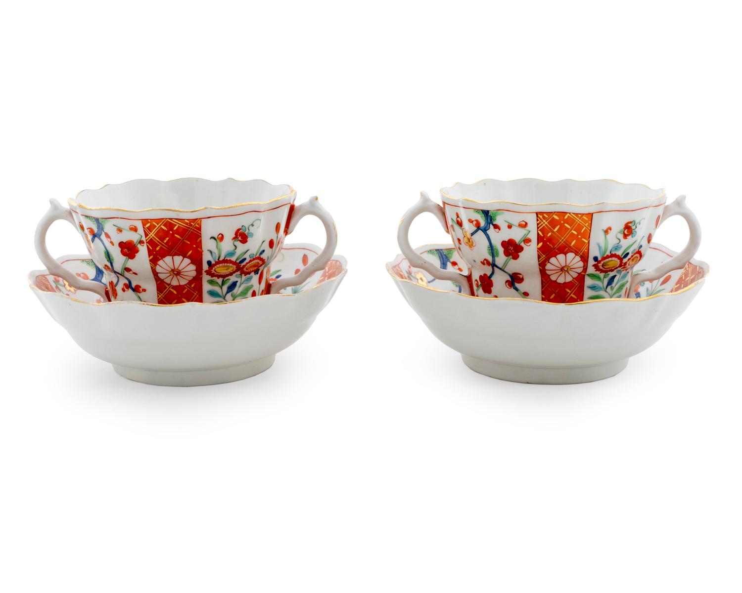 A Pair of Larger Worcester Porcelain Caudle Cups and Saucers — C.1770
