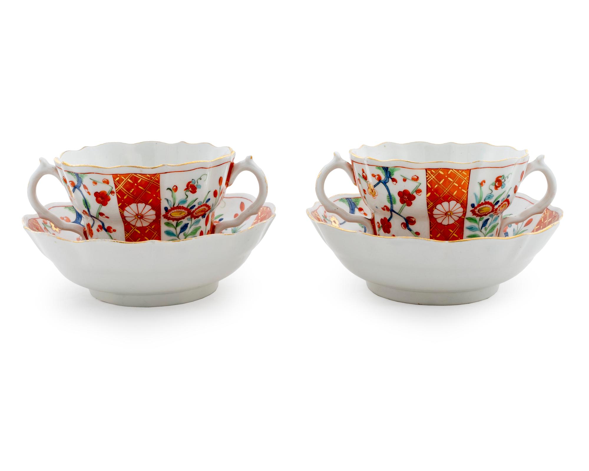 A Pair of Larger Worcester Porcelain Caudle Cups and Saucers — C.1770