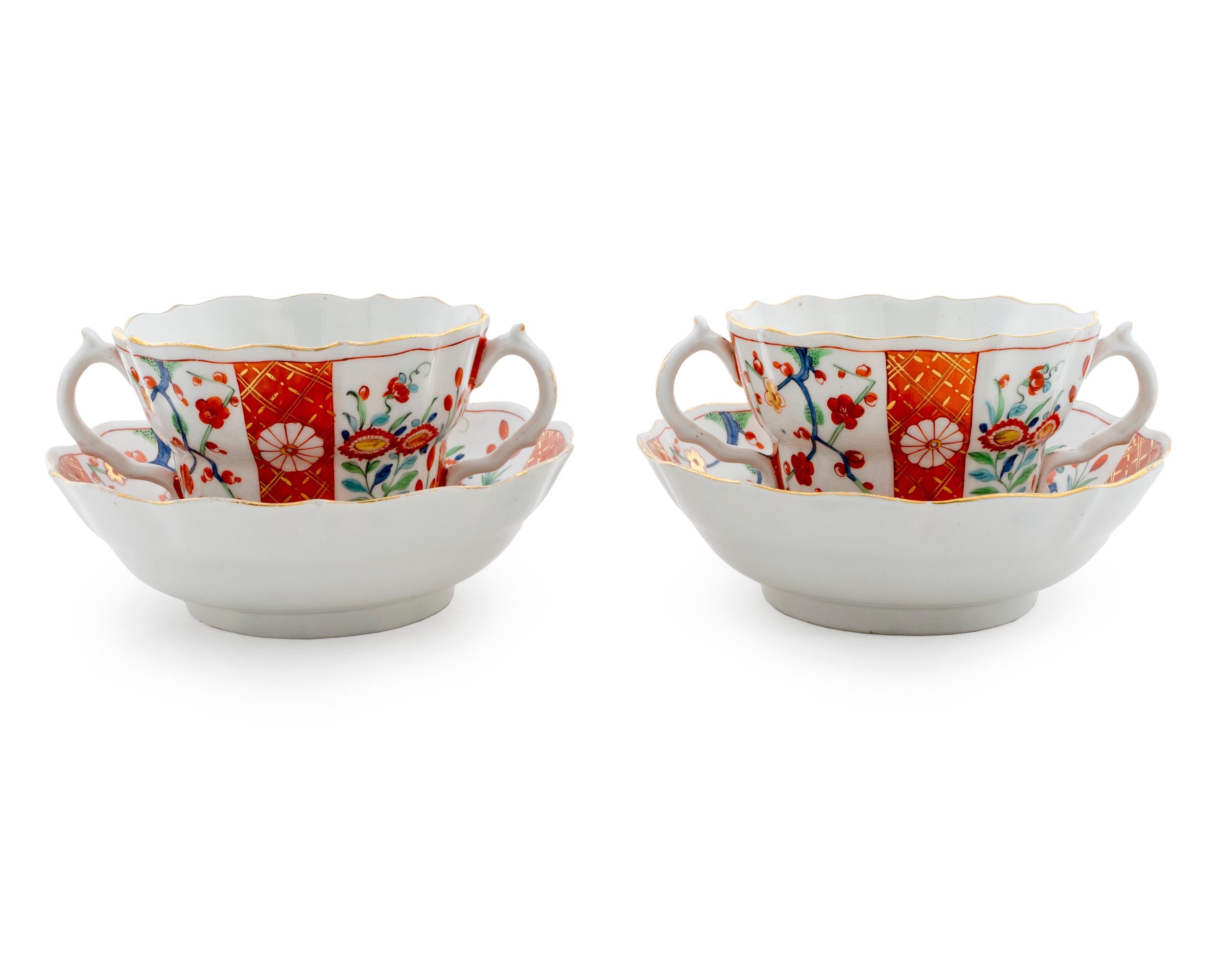 A Pair of Larger Worcester Porcelain Caudle Cups and Saucers — C.1770