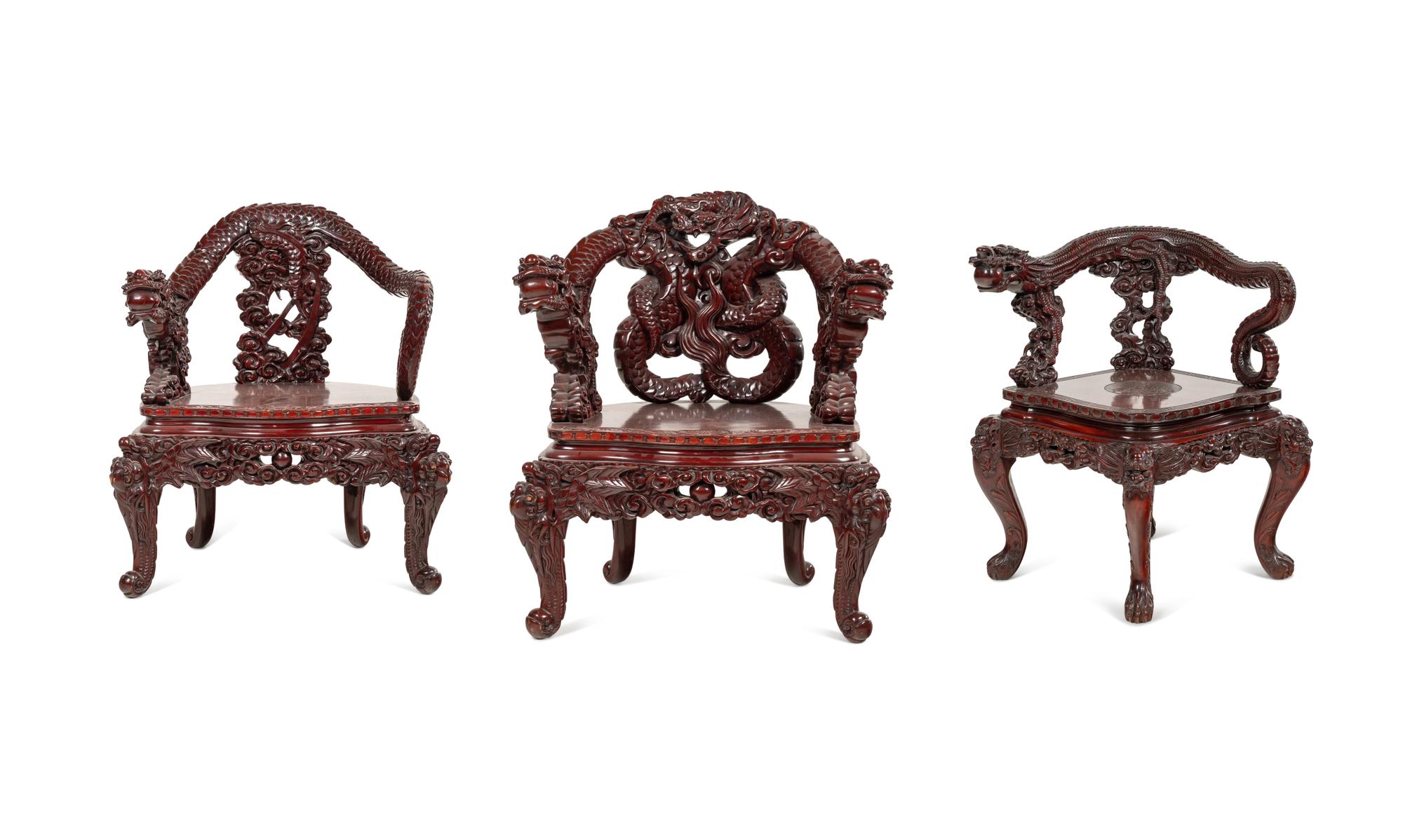 Three Japanese Export Rosewood Armchairs