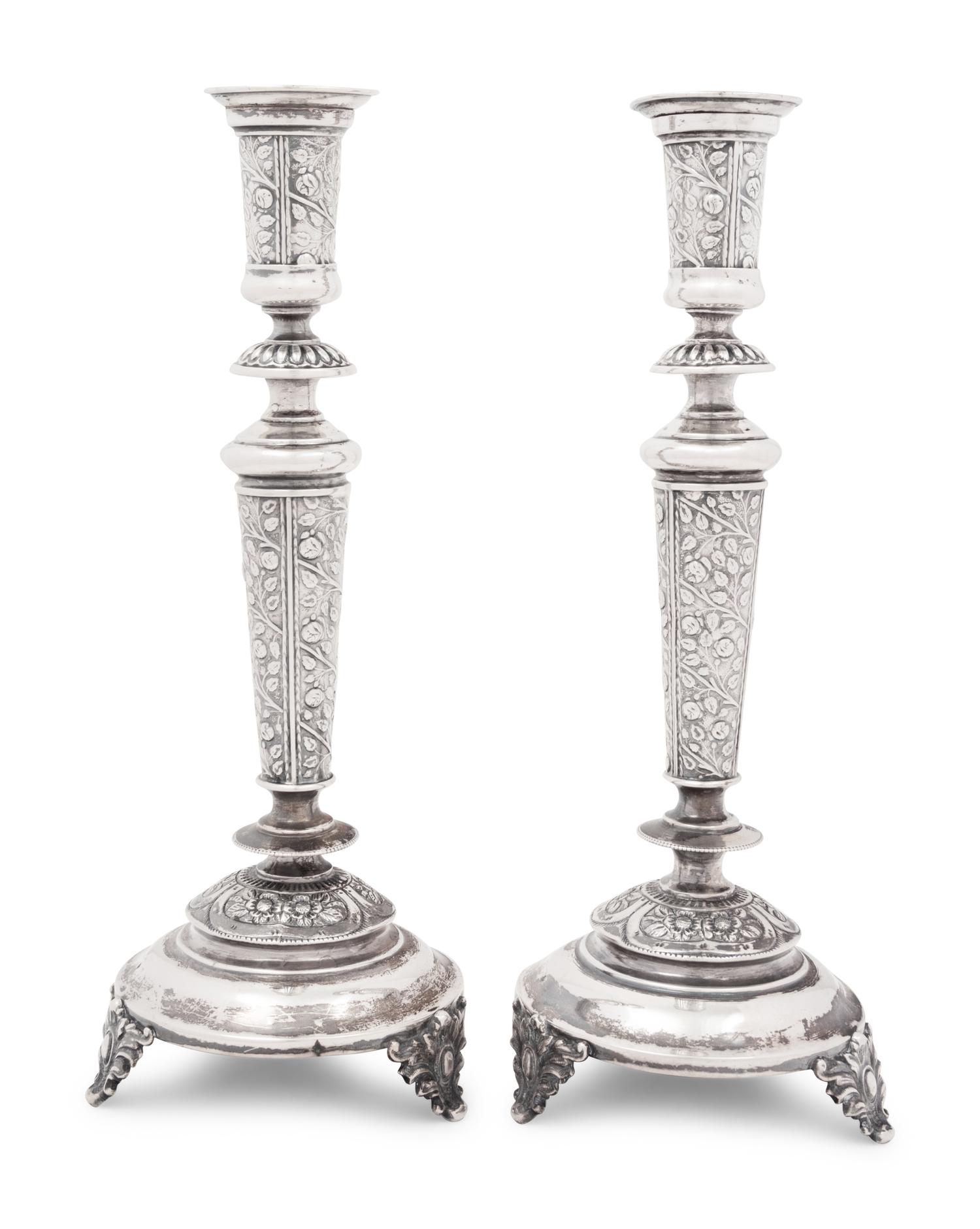 A Pair of Eastern European Silver Sabbath Candlesticks