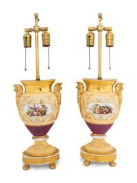 A Pair of Parcel Gilt Hand-Painted Paris Porcelain Urns Mounted as Lamps