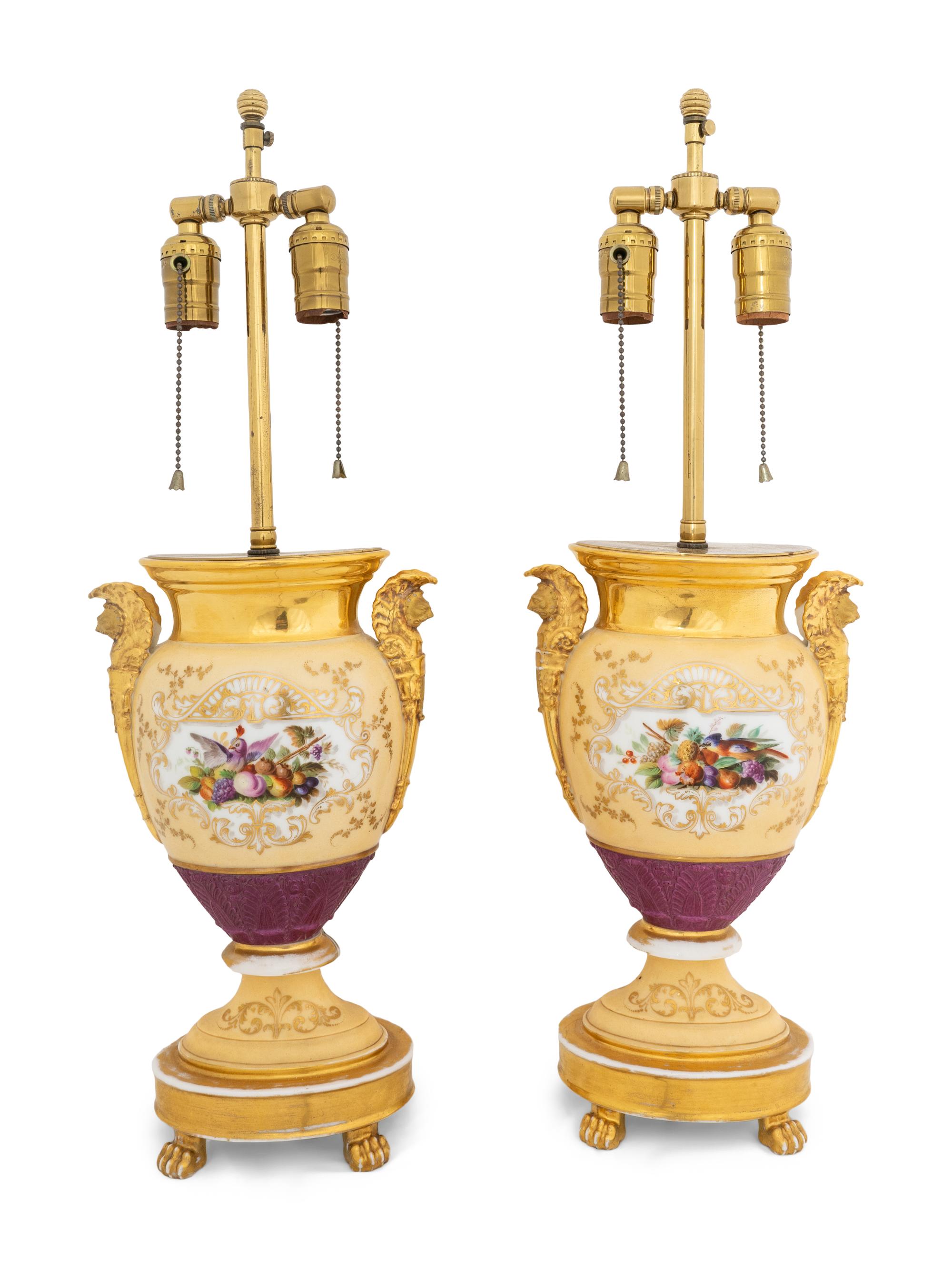 A Pair of Parcel Gilt Hand-Painted Paris Porcelain Urns Mounted as Lamps