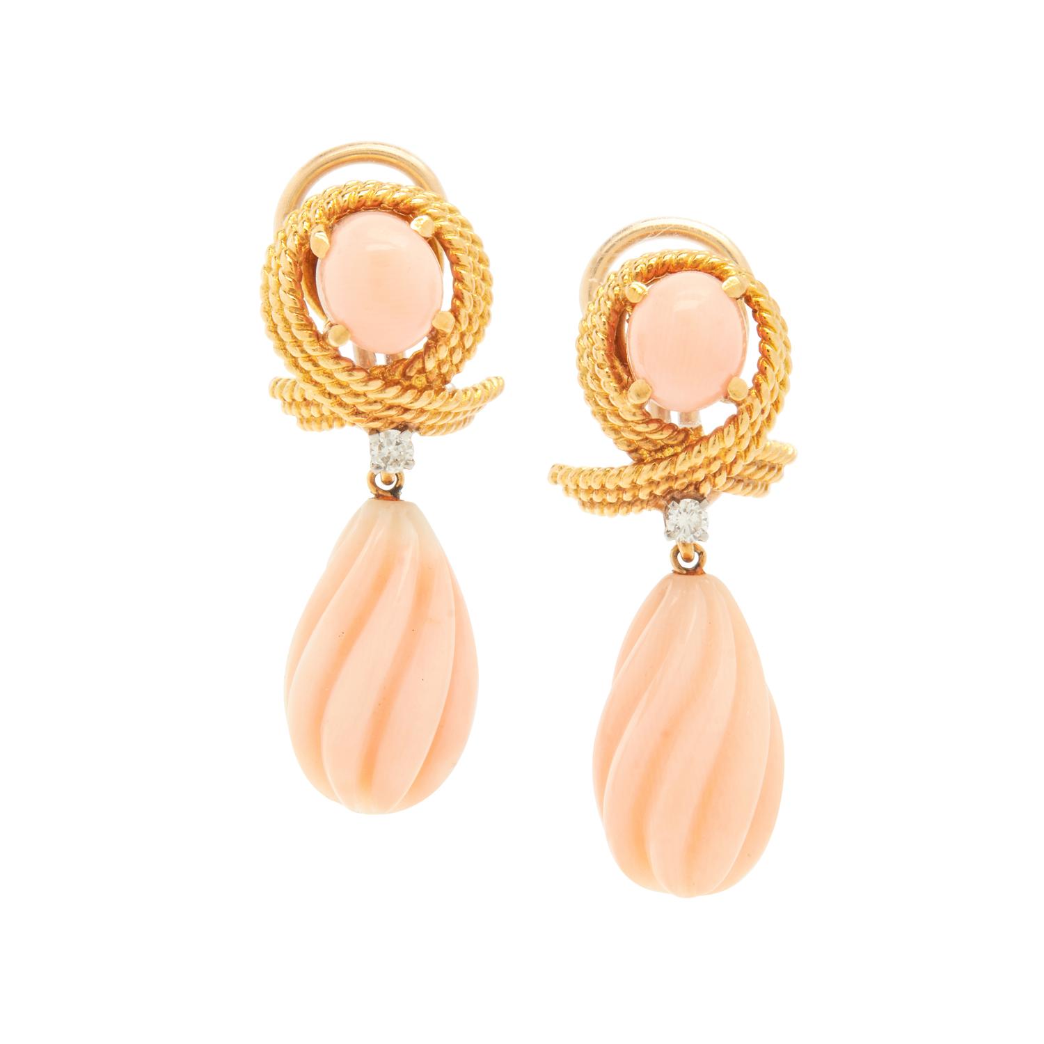YELLOW GOLD, CORAL AND DIAMOND CLIP EARRINGS